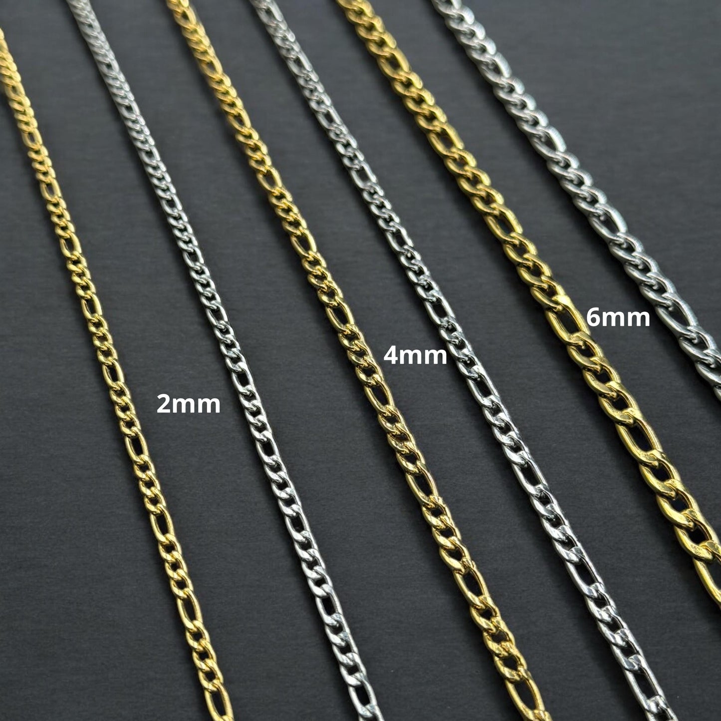 Figaro Link Chain 2mm, 4mm, and 6mm Sizes | 14K Gold Filled & Sterling Silver Over Stainless Core Highest Quality | Extra Durable Chain