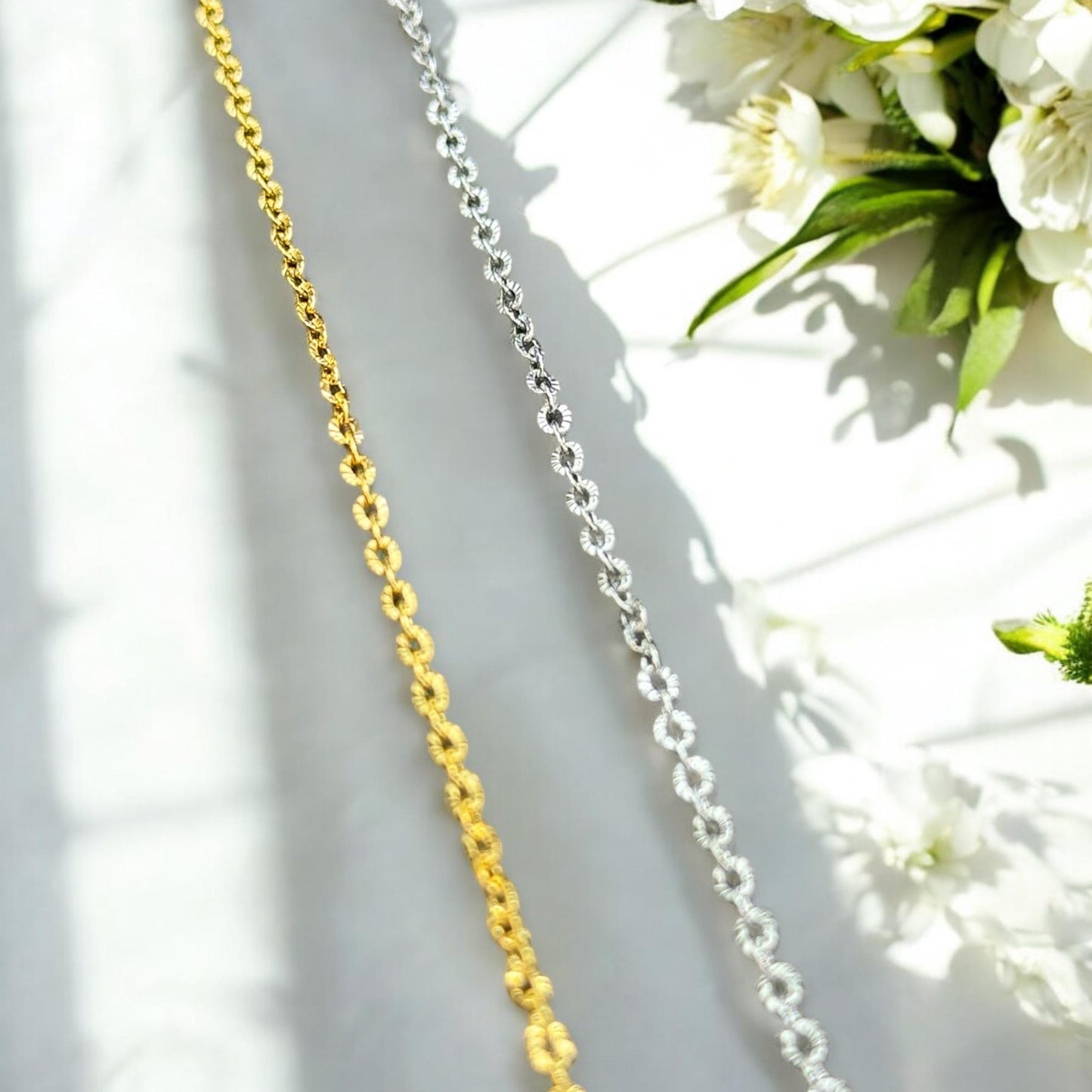 2.5mm Sunburst Chain • 14K Gold Filled & Silver • Non Tarnish • Stainless Core • USA Made • Permanent Jewelry Chain • Bulk by the Foot