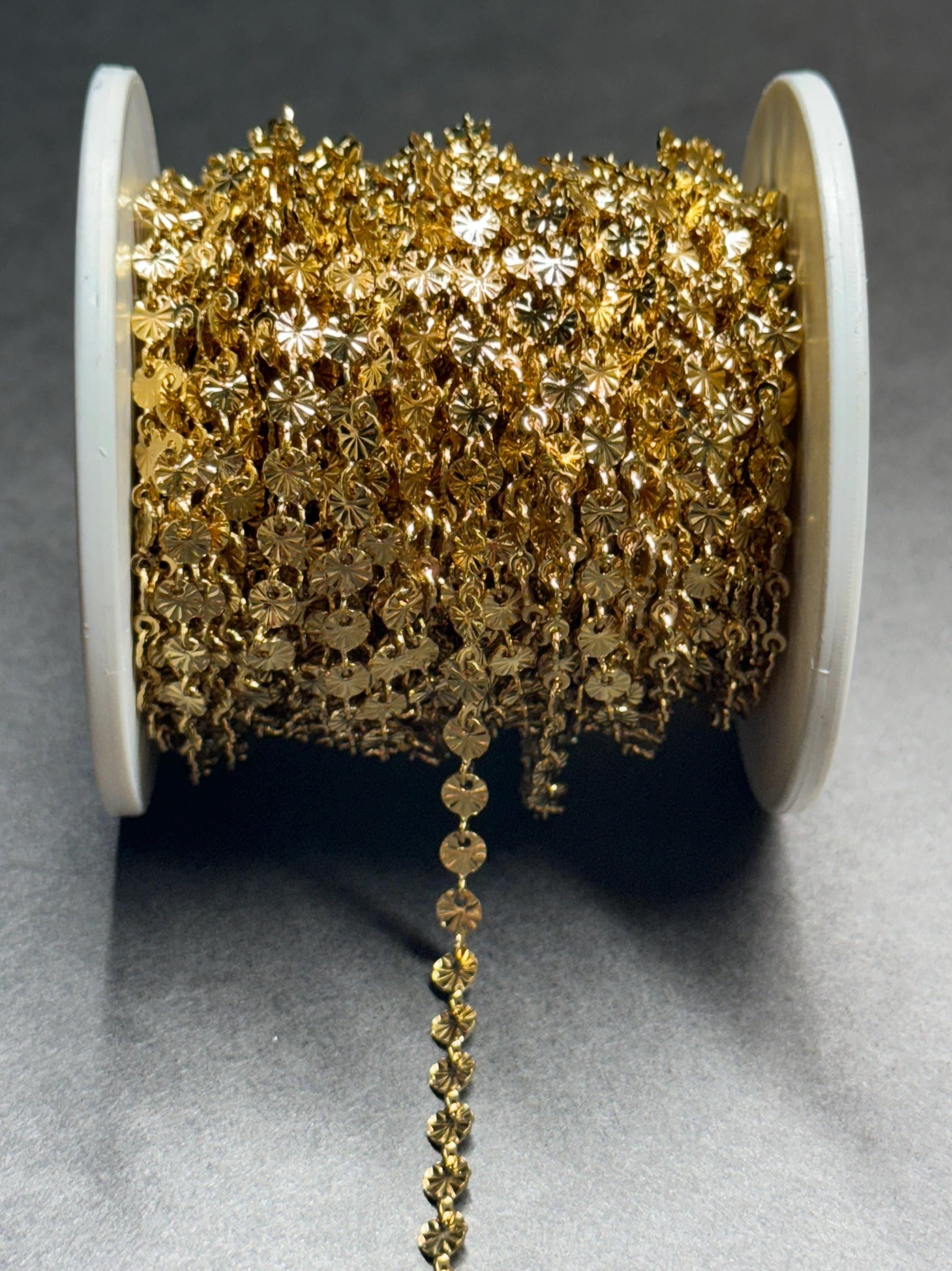 14K Gold and Silver Stainless Cores - 4mm Stamped Sequin Disc - Extra Durable - Non Tarnish Chain! Bulk Chain USA Crafted and Distributed