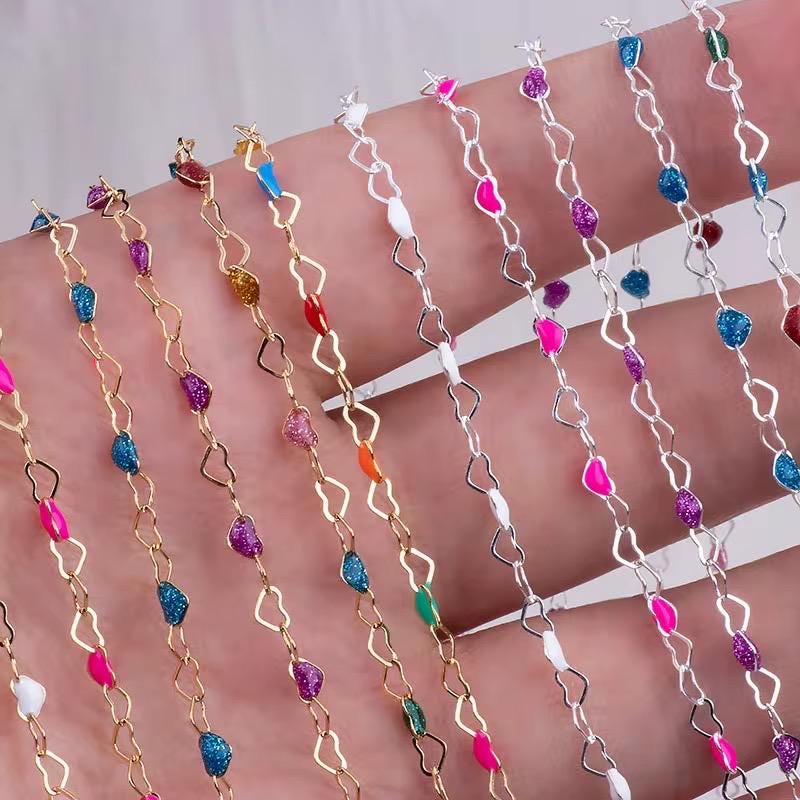 3mm Enamel Heart Chain | Gold Filled & Sterling Silver | Dainty Multicolor Chain for Permanent Jewelry | High Quality USA Made