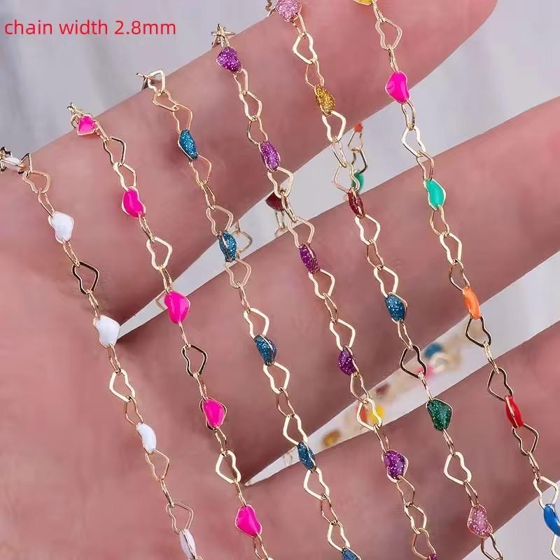 3mm Enamel Heart Chain | Gold Filled & Sterling Silver | Dainty Multicolor Chain for Permanent Jewelry | High Quality USA Made
