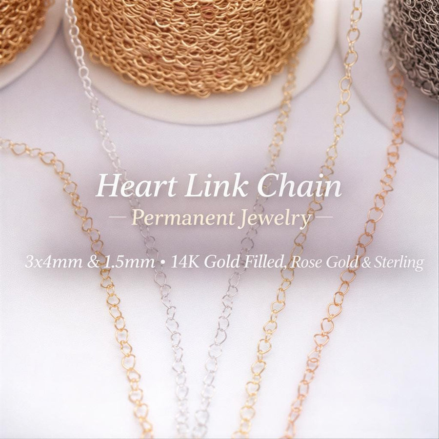 Heart Link Chain | Permanent Jewelry | 3x4mm and 1.5mm | 14K Gold Filled, Rose Gold & Sterling