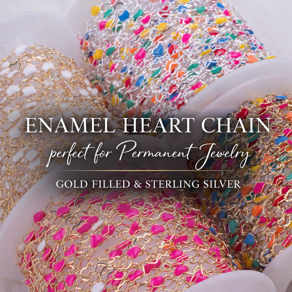 Enamel Heart Chain for Permanent Jewelry | 3mm Gold Filled | Sterling Silver | Dainty Colorful