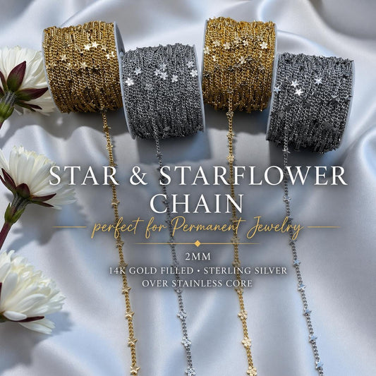 Star and Starflower Chain | 2mm | 14K Gold Filled | Sterling Silver | Over Stainless Core